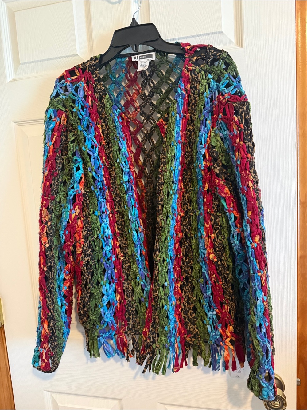 Vintage Jessica London Multicolor Open-Weave Fringe Cardigan